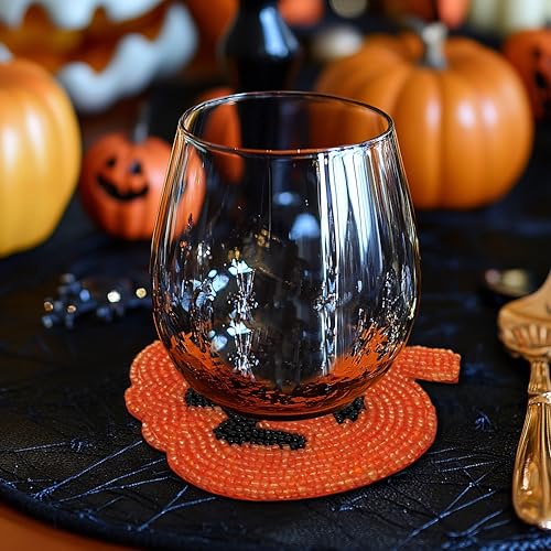 COTTON CRAFT Halloween Harvest Pumpkin Beaded Coaster - Set of 4 Handmade Bar Drink Tabletop Protection Coasters - Autumn Fall T